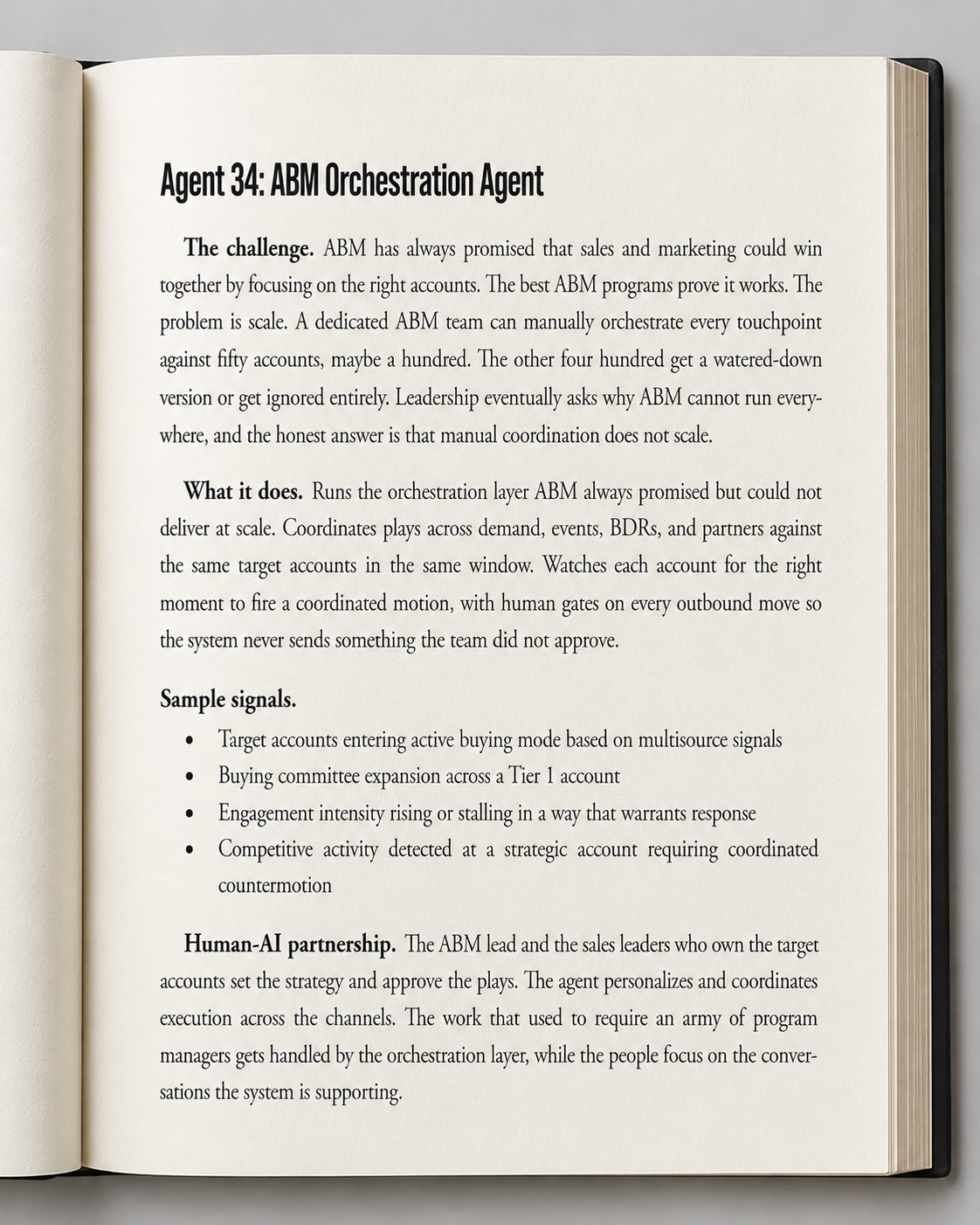 Open Marketing Rebuilt book showing the ABM Orchestration Agent profile