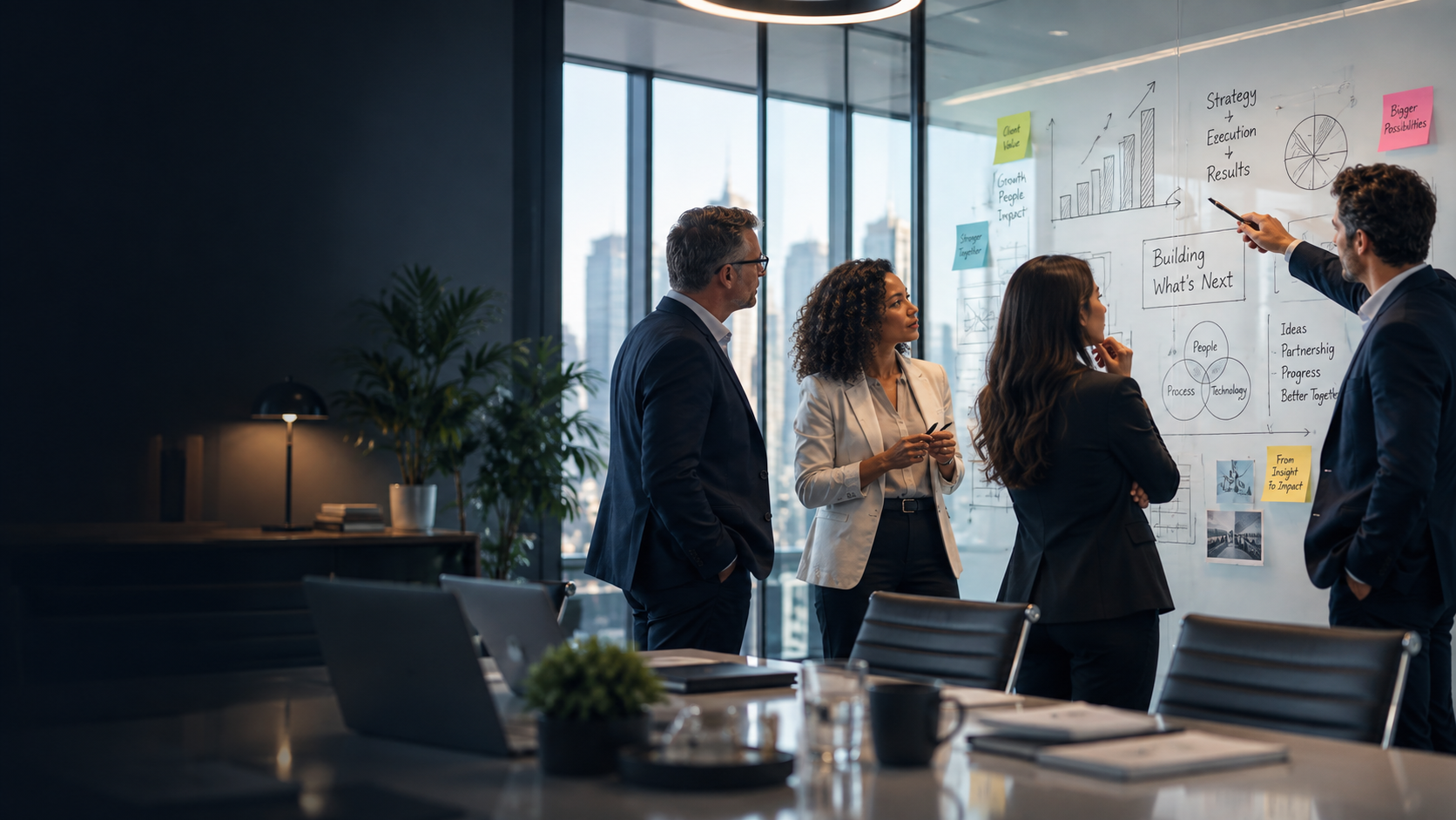 Business people working together at a whiteboard