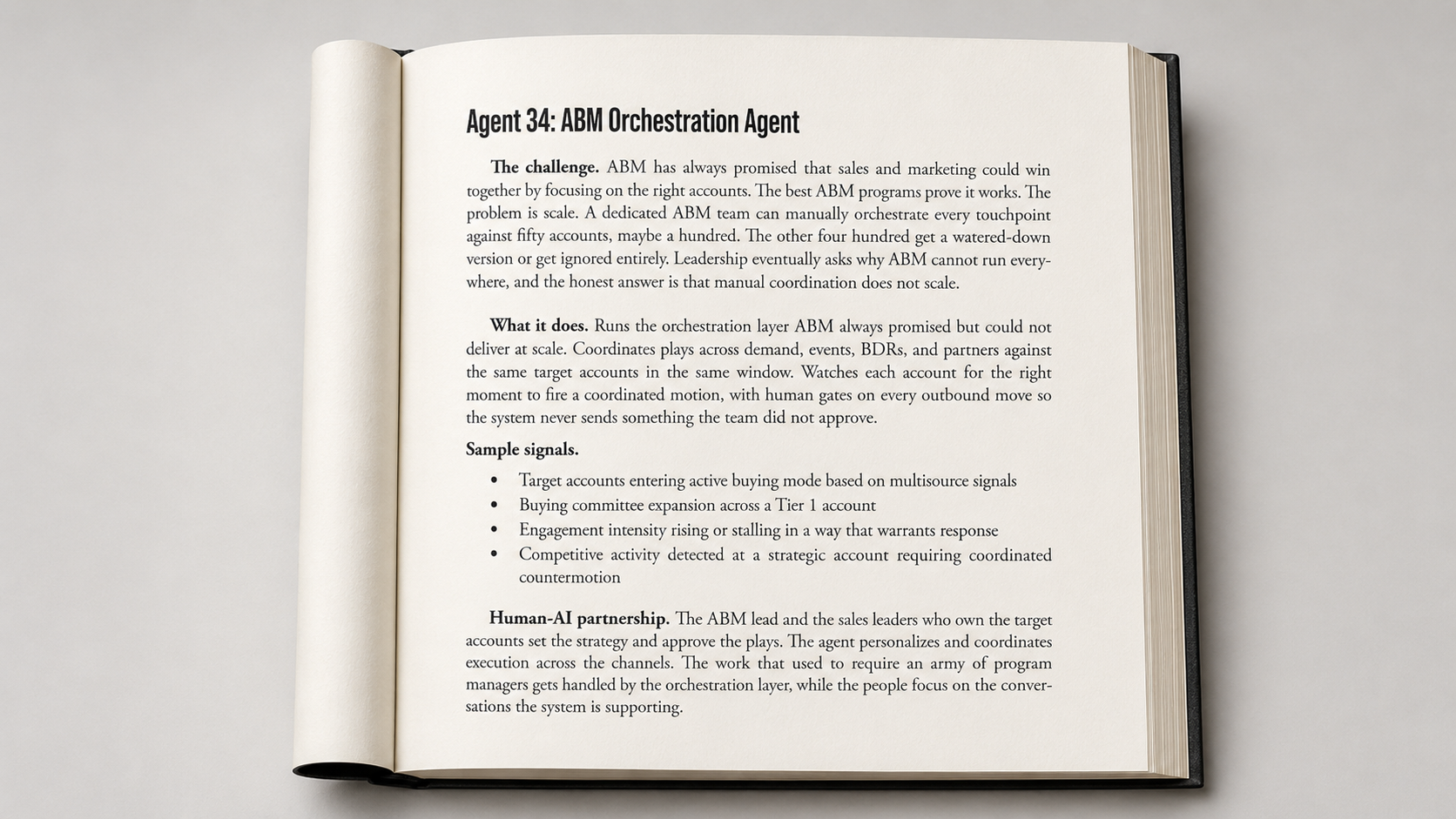 Open Marketing Rebuilt book showing the ABM Orchestration Agent profile